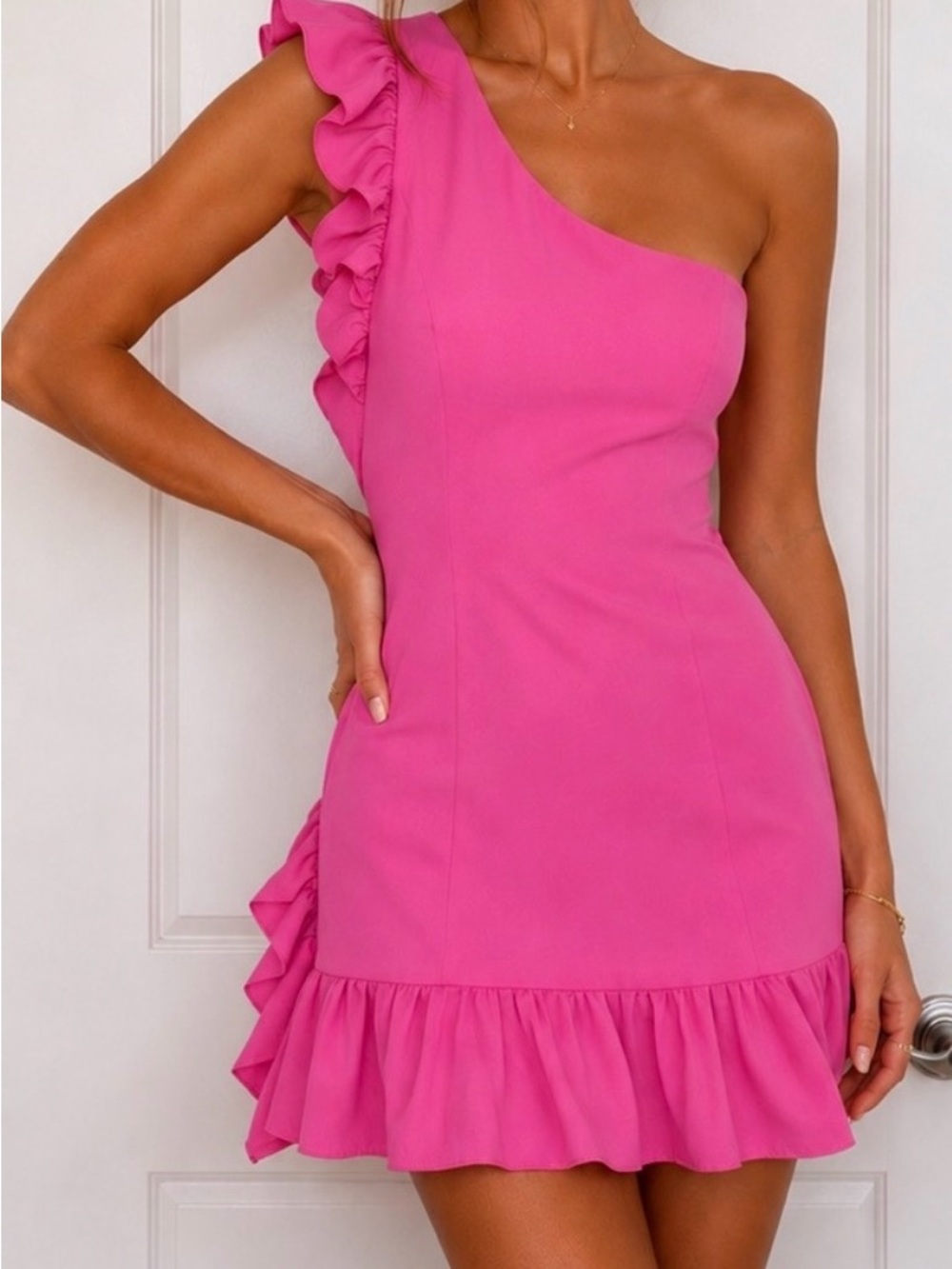 DO+BE One-Shoulder Ruffle Mini Dress in Bright Pink